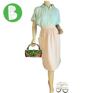 EZRA BEIGE ELASTIC WAIST APRON POCKETS MIDI SKIRT (L)